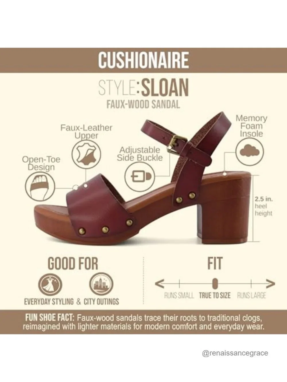 Cushionaire Sloan Faux Wood Wedge Sandal Memory Foam LiteSole Ankle Strap